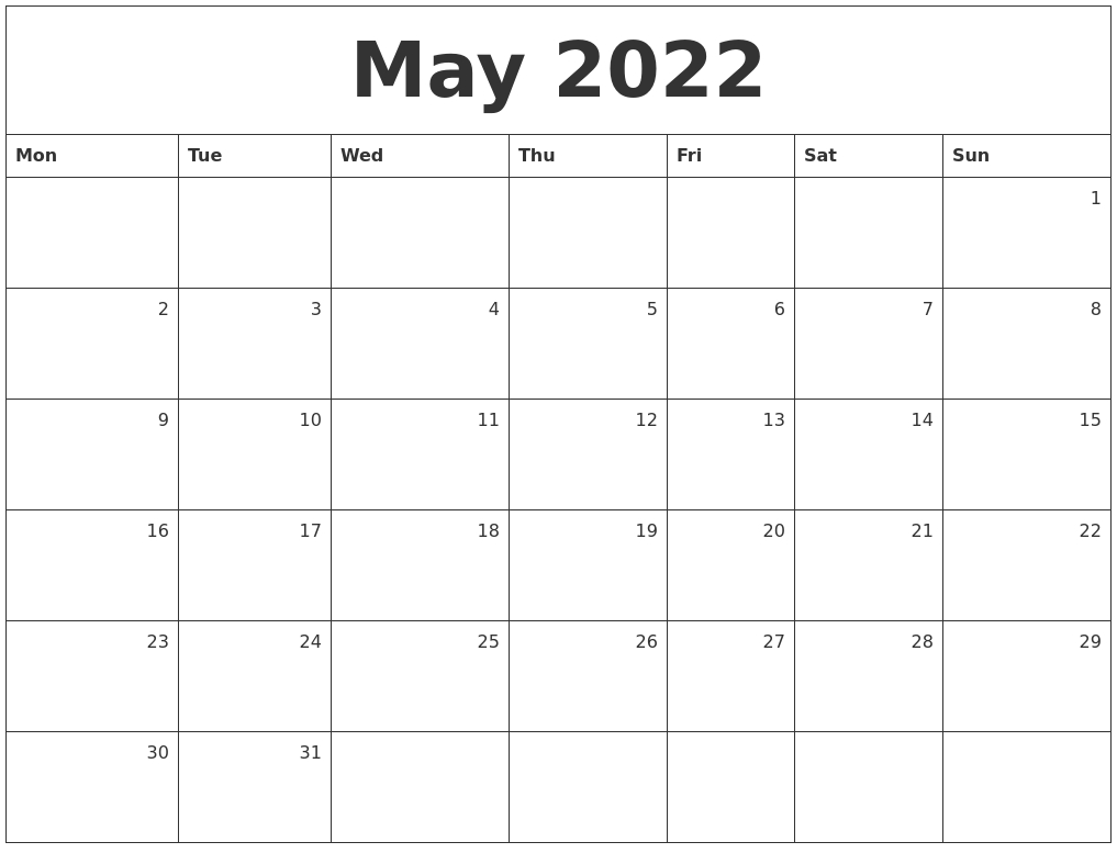 May 2022 Monthly Calendar