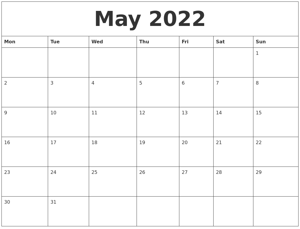 May 2022 Online Printable Calendar