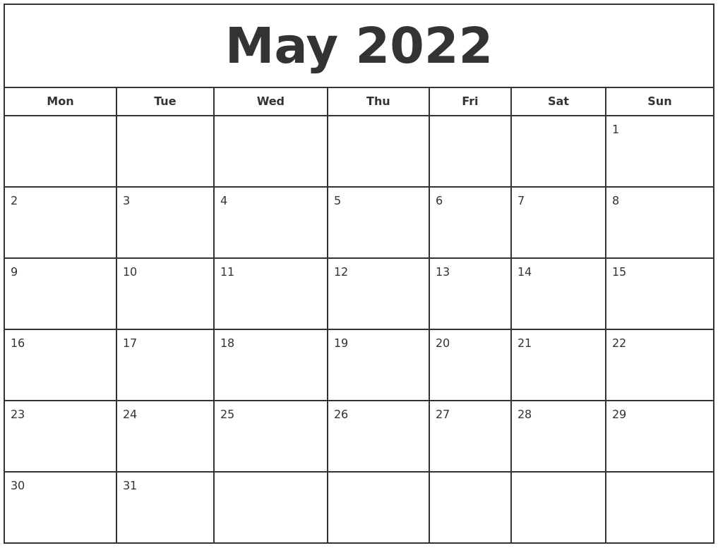May 2022 Print Free Calendar