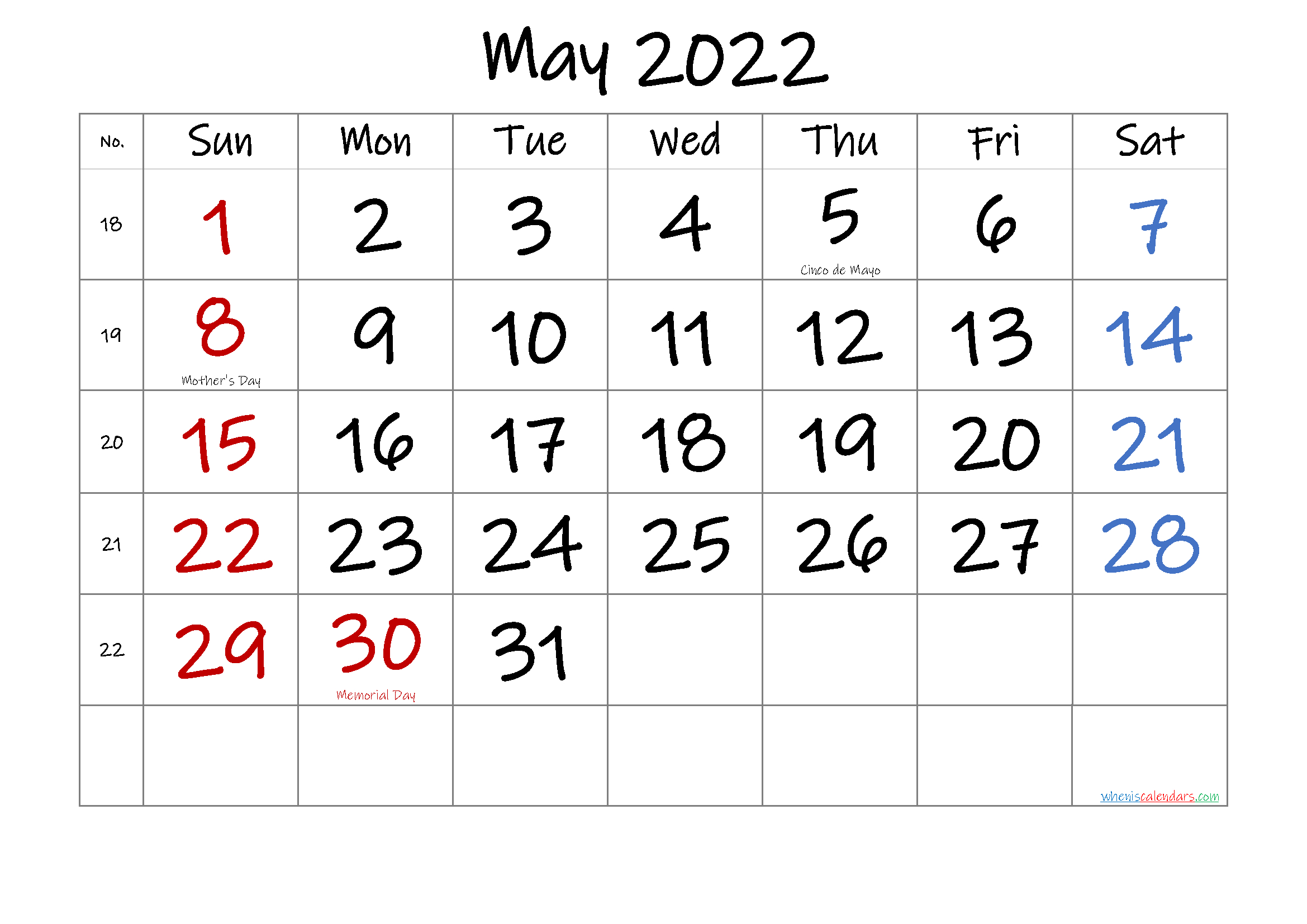 May 2022 Printable Calendar With Holidays | Free Printable