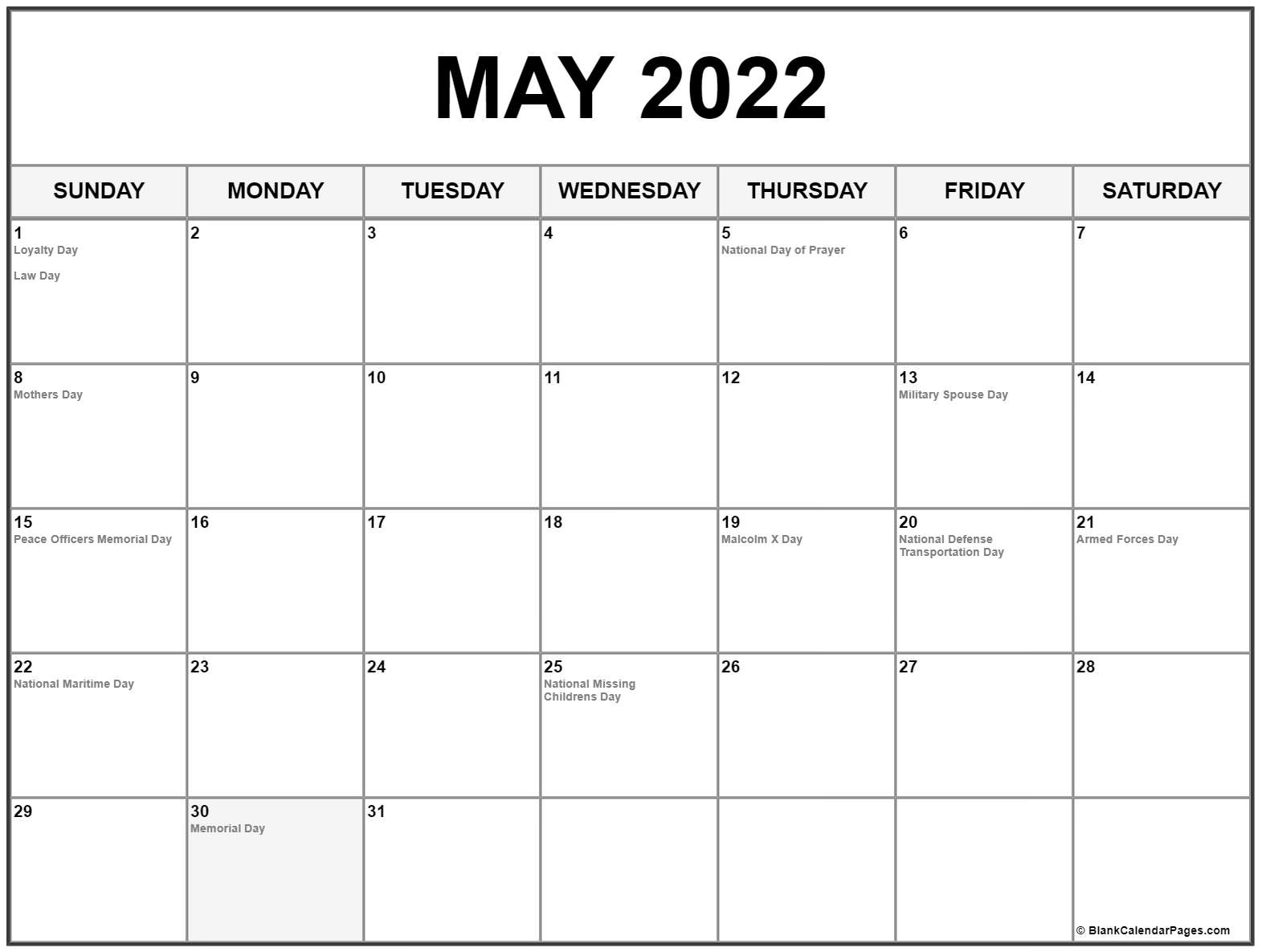 May 2022 With Holidays Calendar