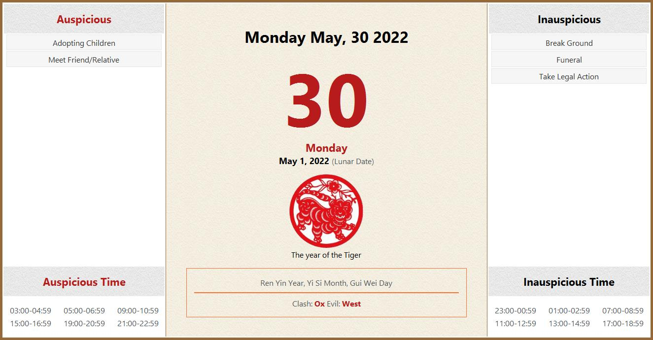 May 30, 2022 Almanac Calendar: Auspicious/Inauspicious