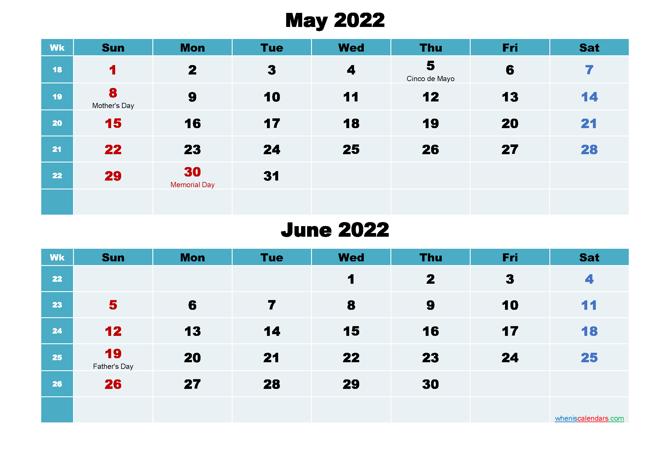 May And June 2022 Calendar With Holidays - Free Printable