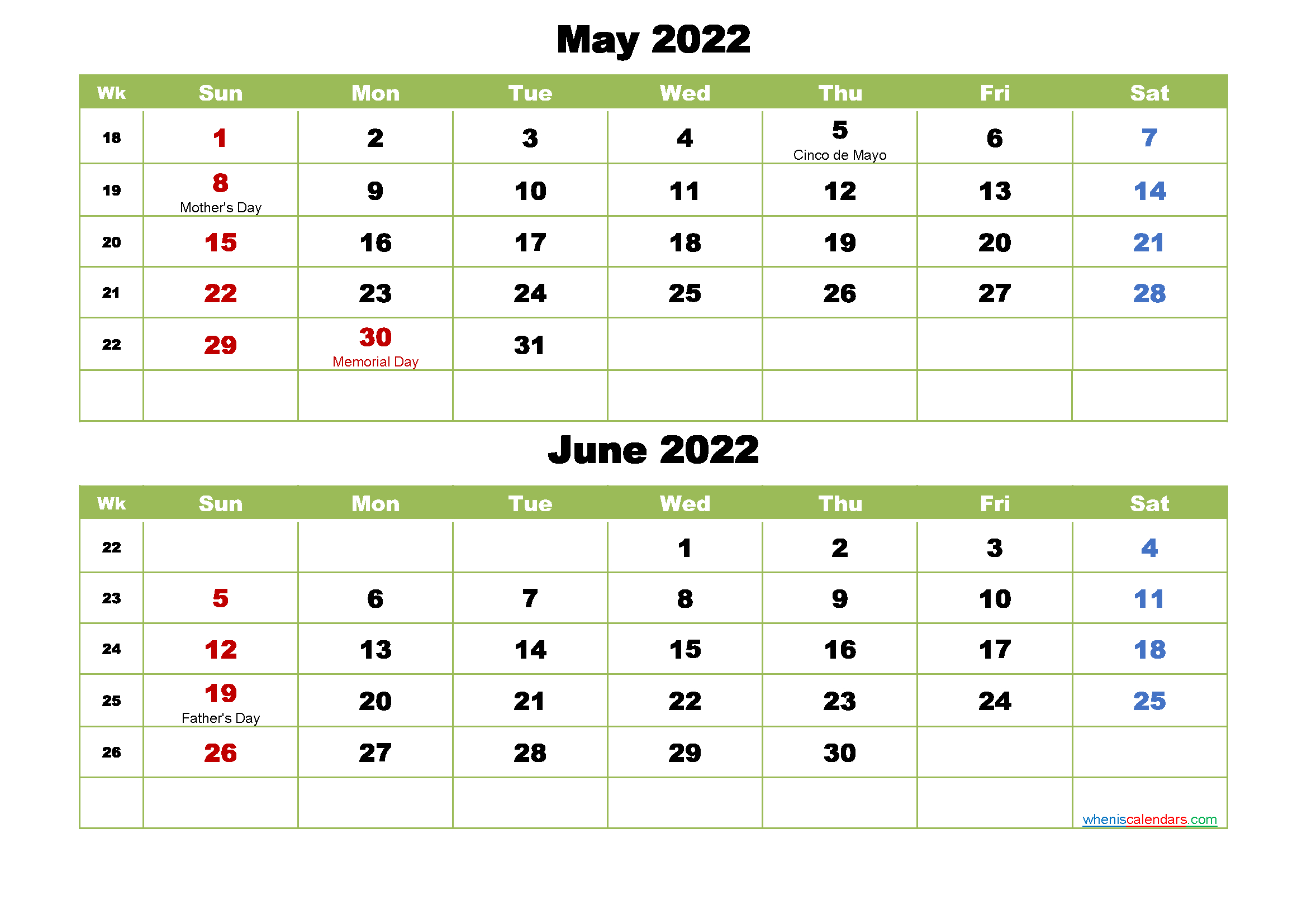 May And June 2022 Calendar With Holidays