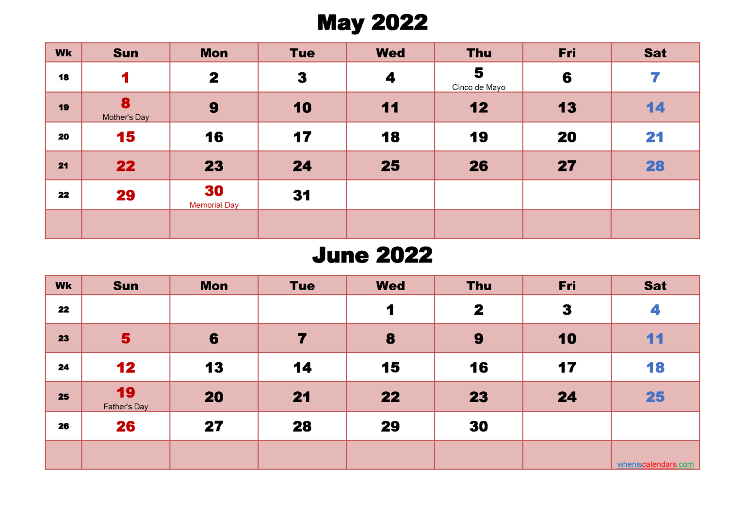 May And June Calendar 2022 Printable Word Pdf | 2022