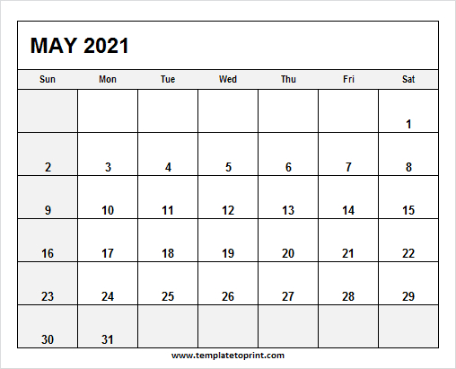 May Calendar 2021 Editable | Free 2021 Calendar Sunday Start
