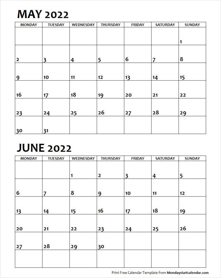 May June 2022 Calendar Monday Start Editable Two Months