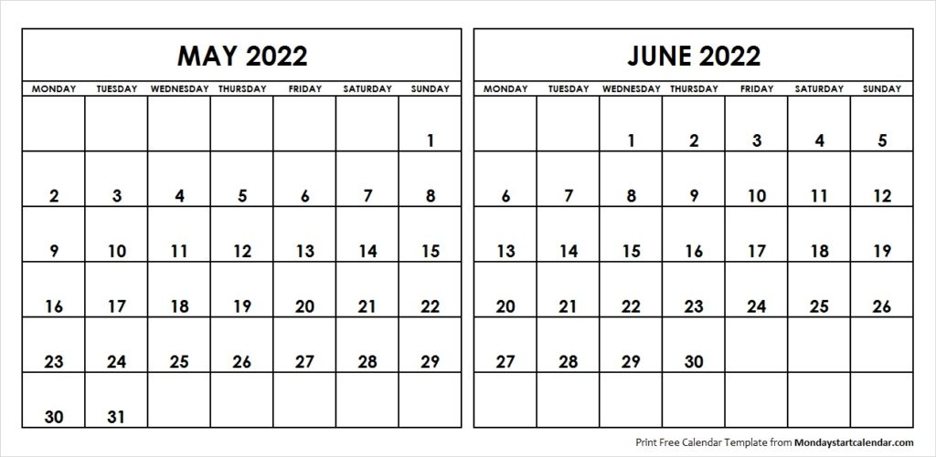 May June 2022 Calendar Monday Start | Editable Two Months