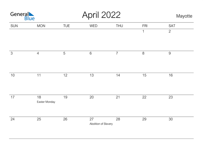 Mayotte April 2022 Calendar With Holidays