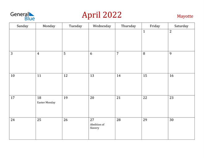 Mayotte April 2022 Calendar With Holidays