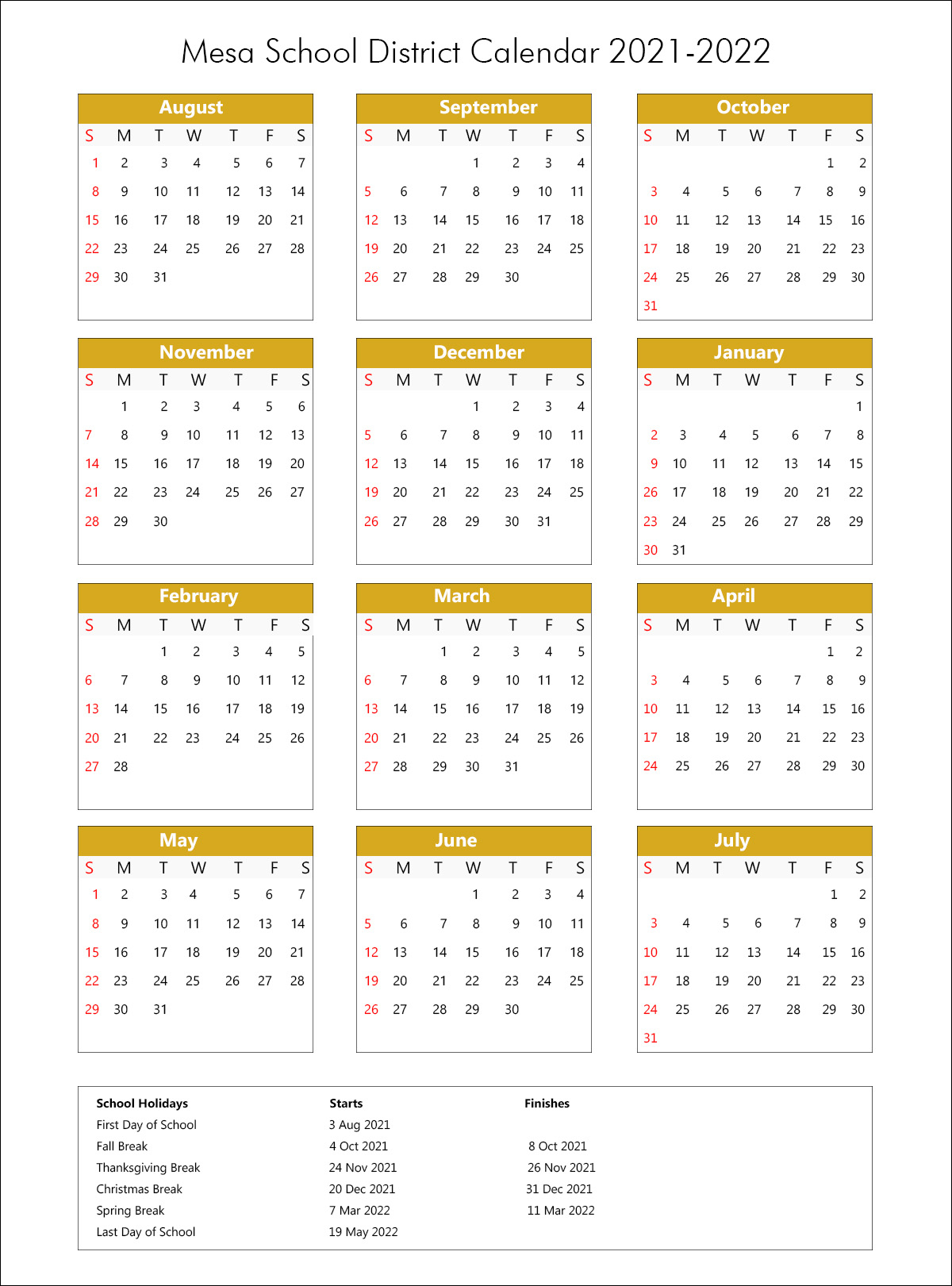 Mesa College 2022 Calendar - January Calendar 2022