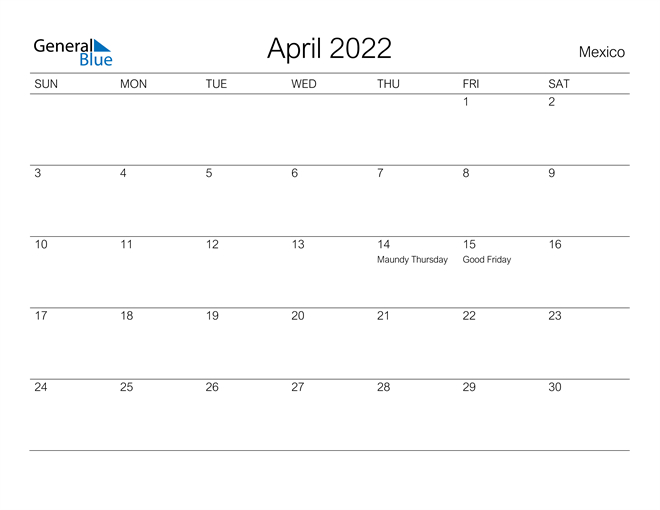 Mexico April 2022 Calendar With Holidays