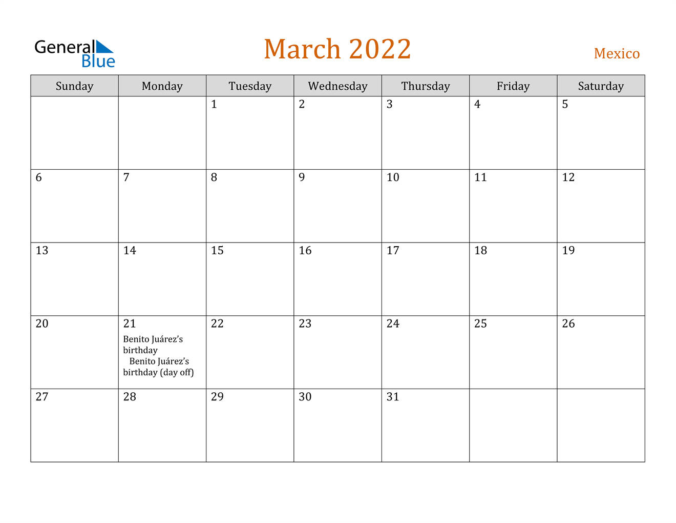 Mexico March 2022 Calendar With Holidays