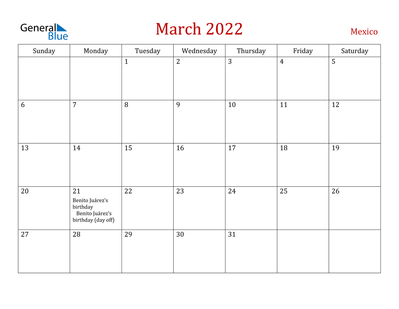 Mexico March 2022 Calendar With Holidays