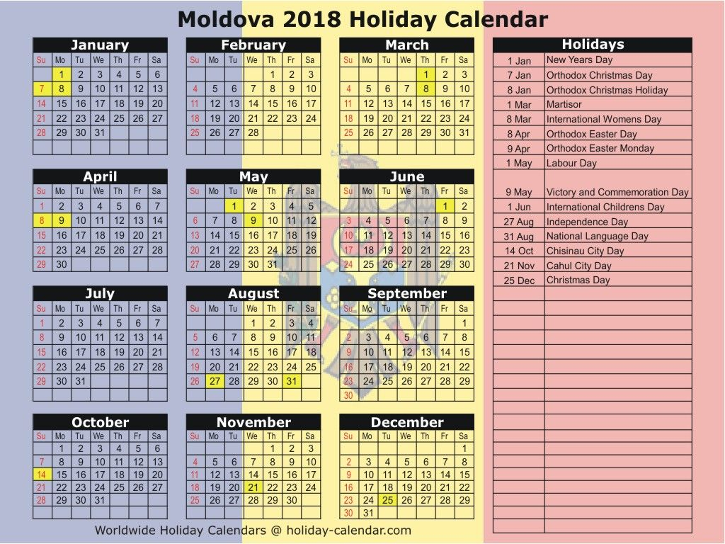 Moldova 2018 Holiday Calendar | National Day Calendar