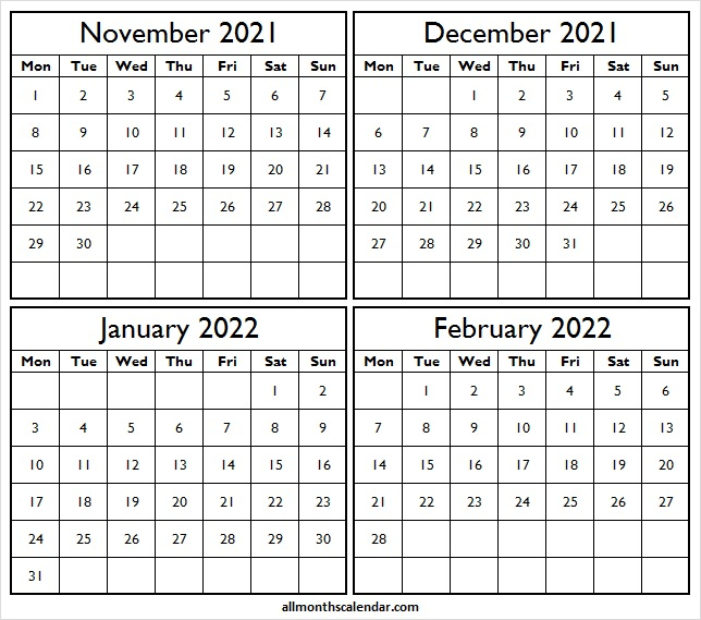 Monday Start Calendar November 2021 To February 2022