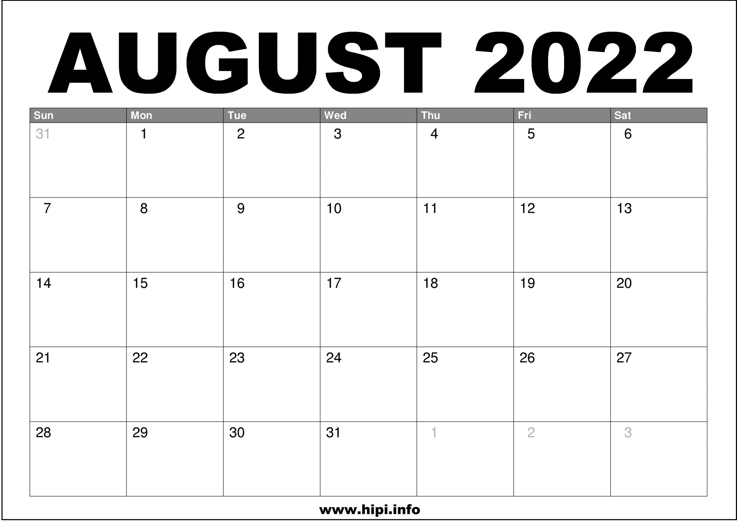 Month Of August 2022 Calendar - July Calendar 2022