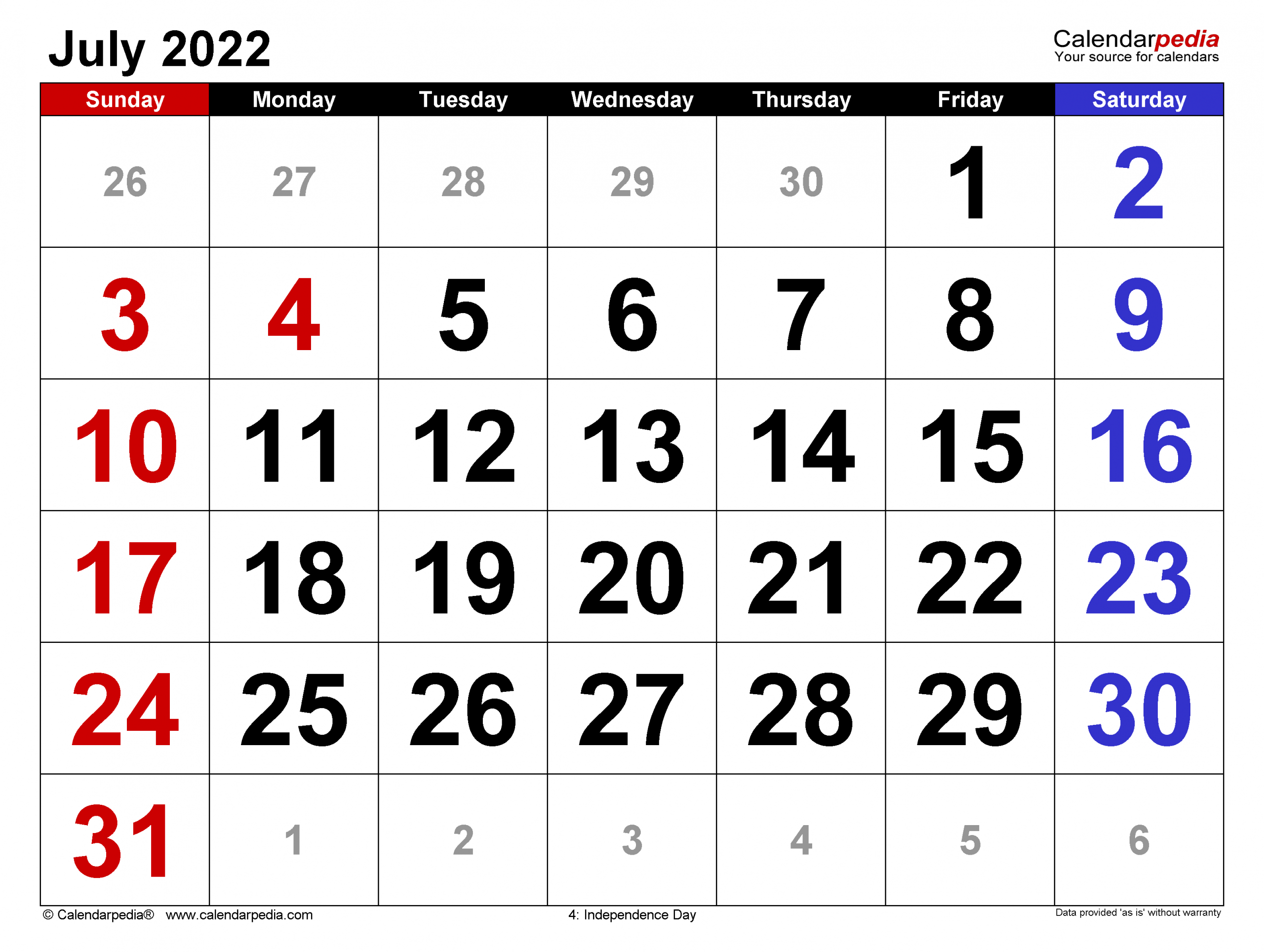Month Of July 2022 Calendar - June Calendar 2022