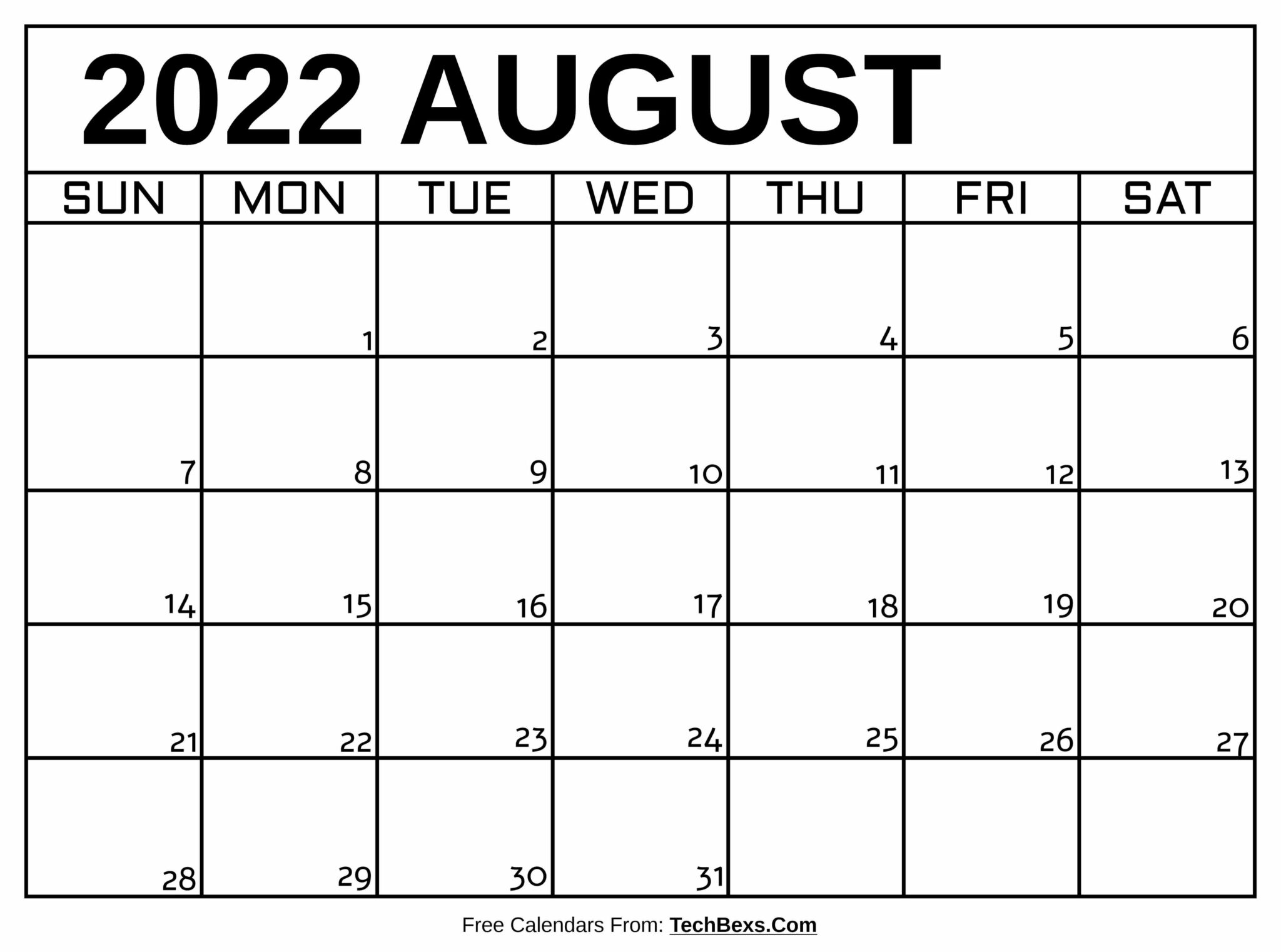 Monthly August 2022 Calendar Template - 2022 Calendars For