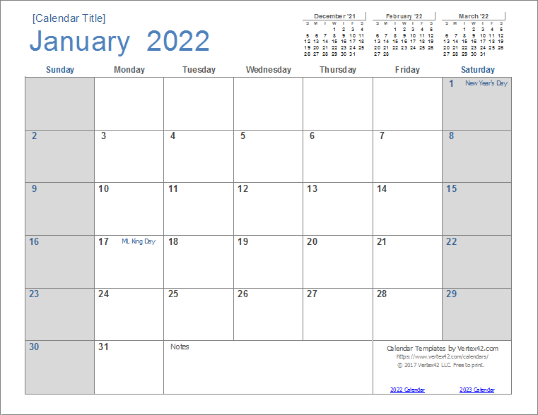Monthly Calendar Template Excel 2022