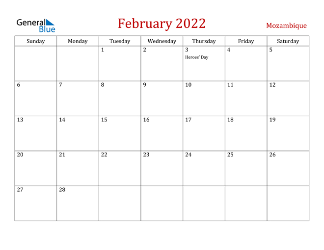 Mozambique February 2022 Calendar With Holidays
