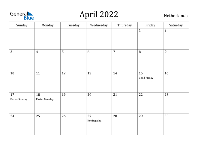 Netherlands April 2022 Calendar With Holidays
