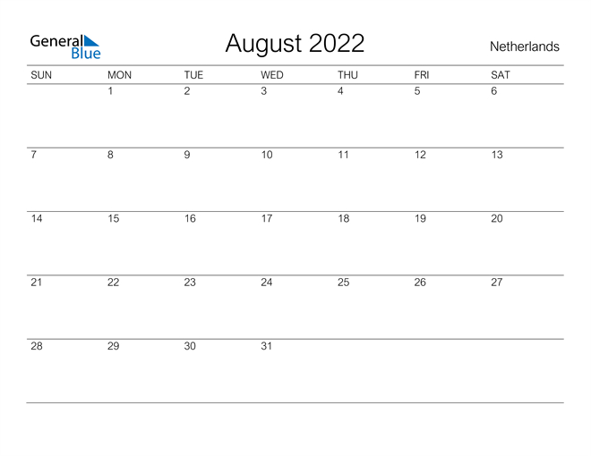 Netherlands August 2022 Calendar With Holidays