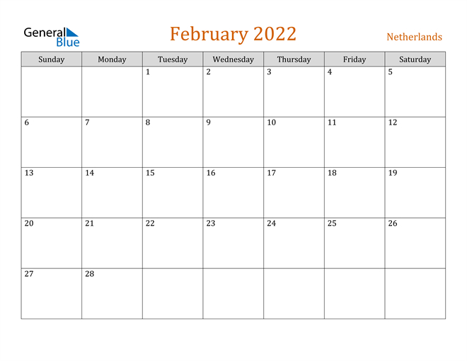 Netherlands February 2022 Calendar With Holidays