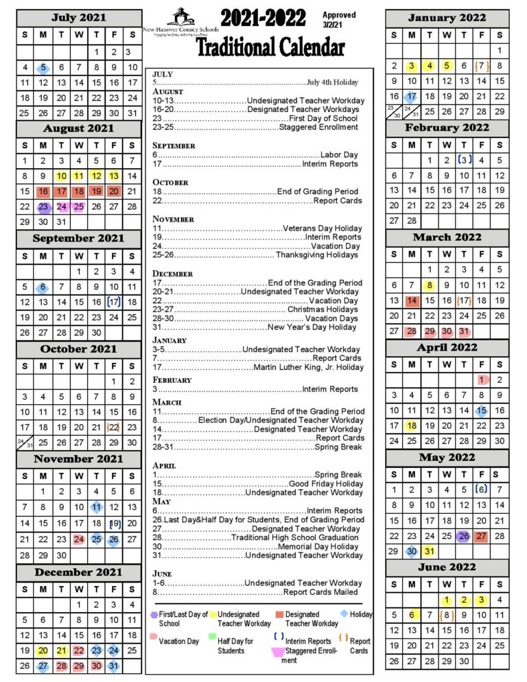 New Hanover County Schools Calendar 2021-2022