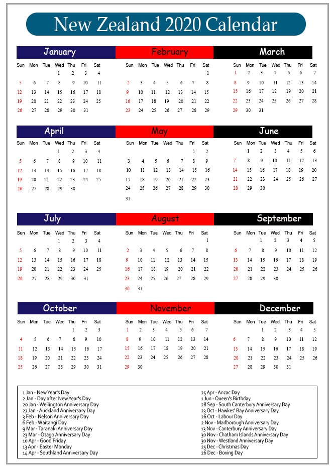 New Zealand Calendar 2020 | Printable Template Calendar