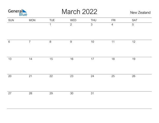New Zealand March 2022 Calendar With Holidays