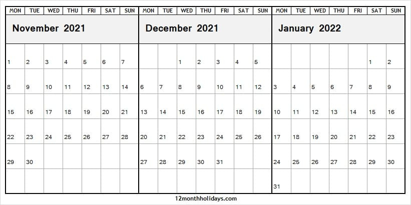 Nov 2021 To Jan 2022 Calendar Printable | Blank 2021 Calendar