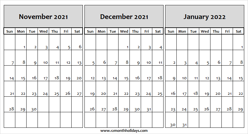 Nov 2021 To Jan 2022 Calendar Template | Free 2021