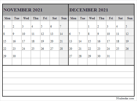 Nov Dec 2021 Calendar Mon To Fri - 2021 Blank Calendar