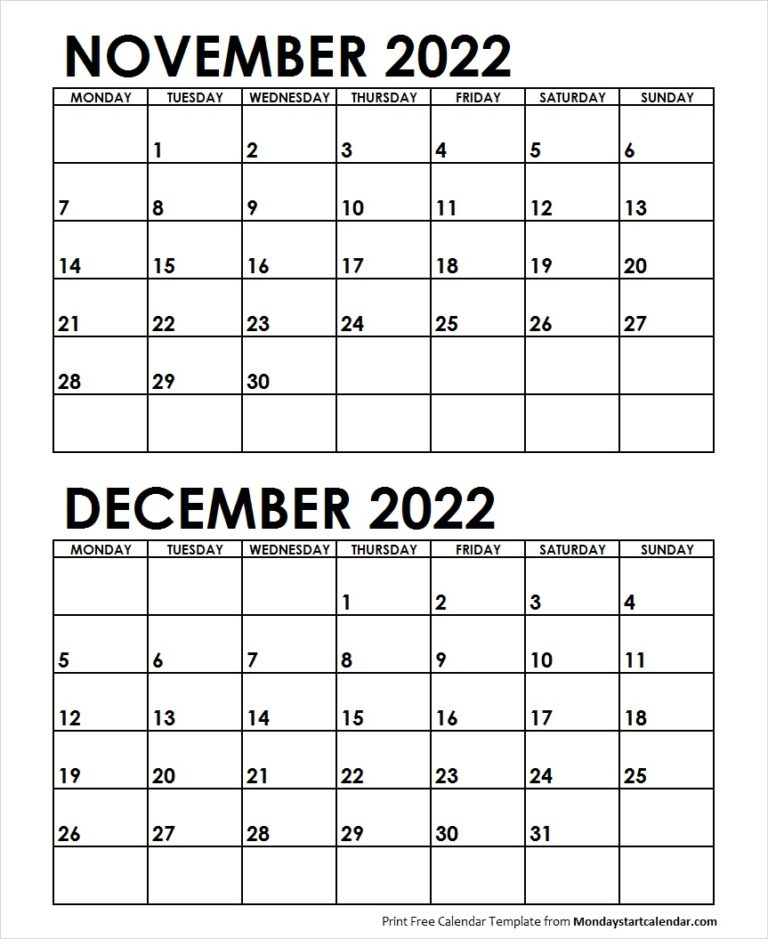 Nov Dec 2022 Calendar Monday Start | Editable Two Months