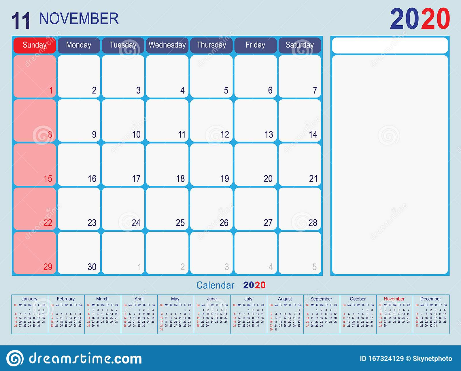 November 2020 Calendar Monthly Planner Design Stock Vector