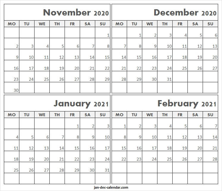 November 2020 To February 2021 Printable Calendar