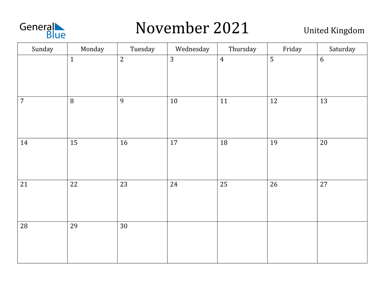November 2021 Calendar - United Kingdom