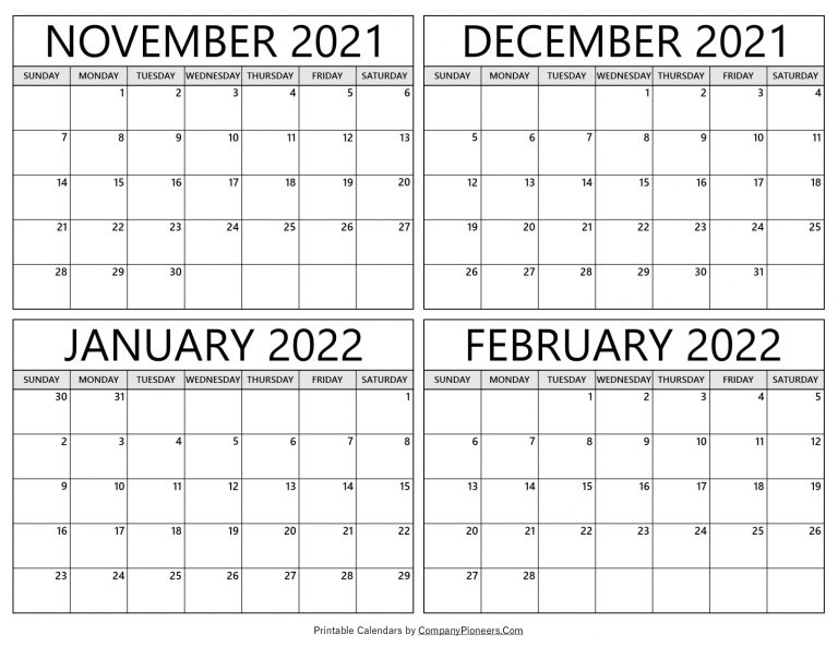 November 2021 To February 2022 Calendar Printable - Template