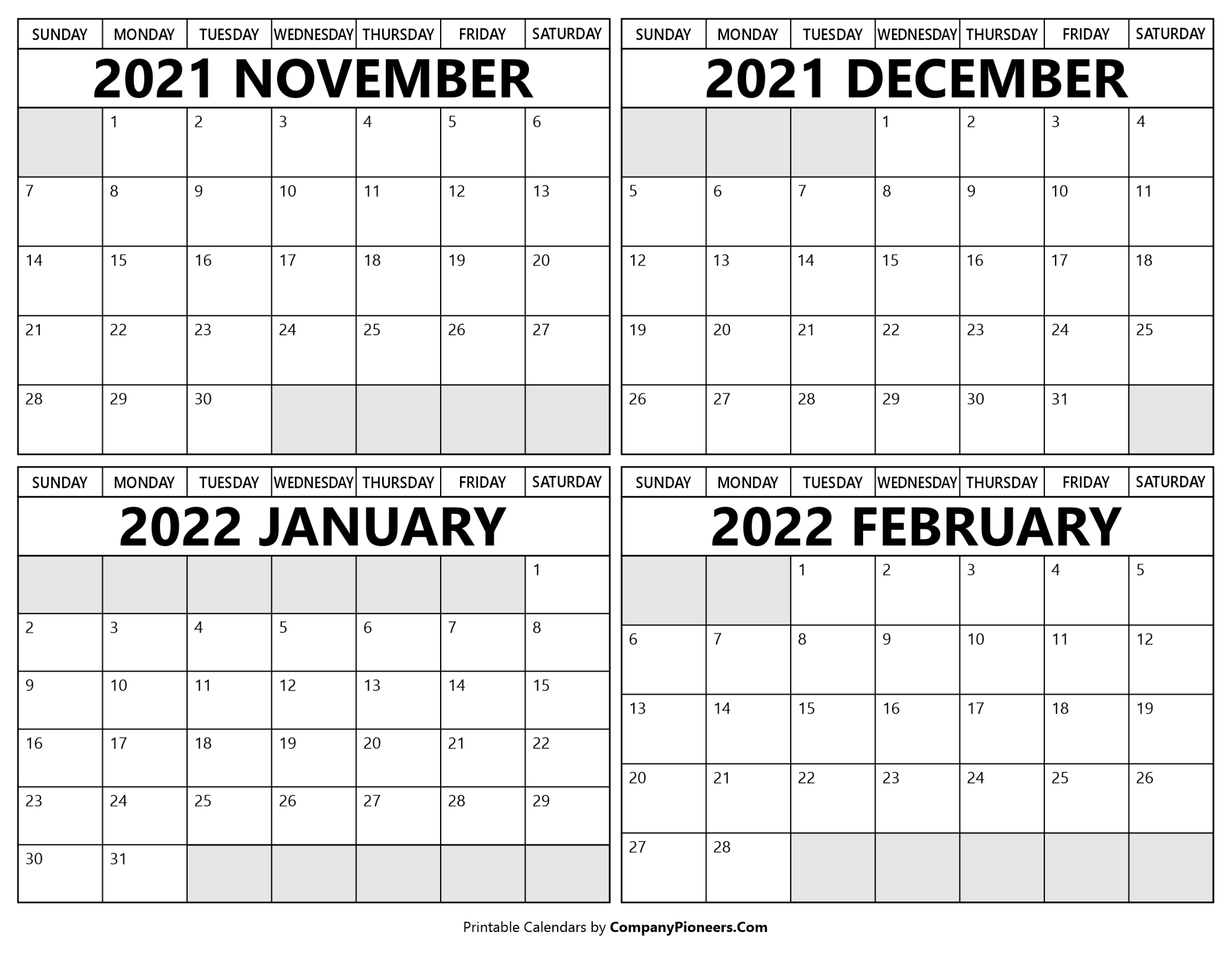 November 2021 To February 2022 Calendar Printable - Template