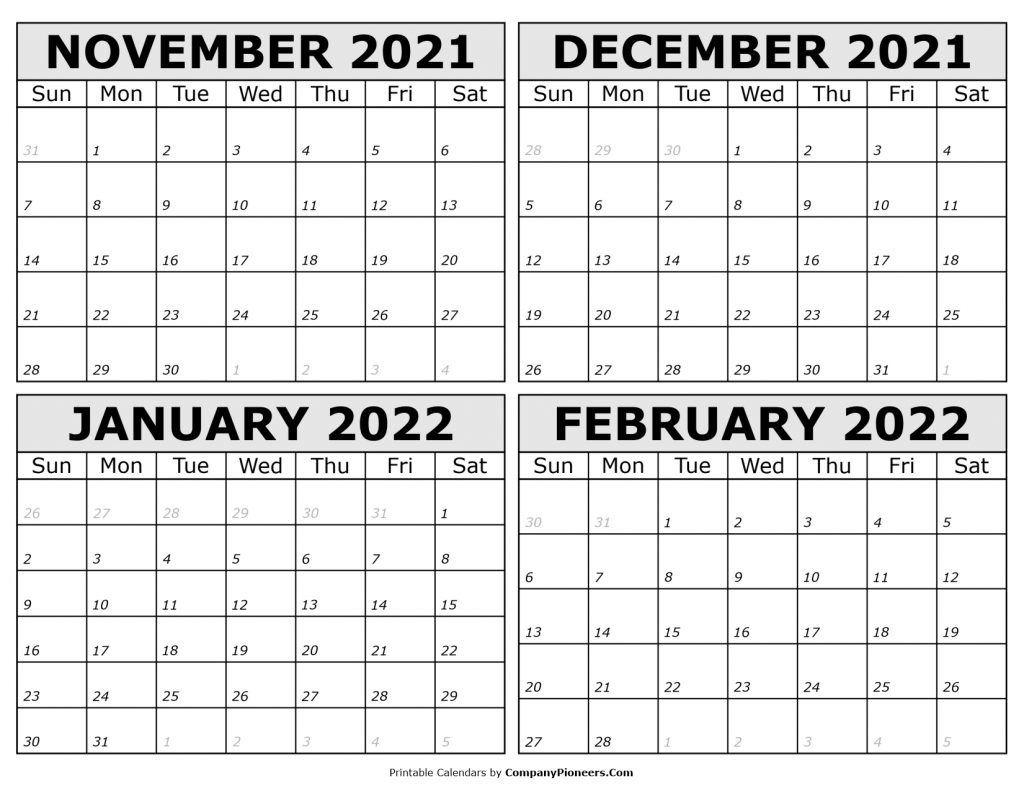 November 2021 To February 2022 Calendar Printable - Template