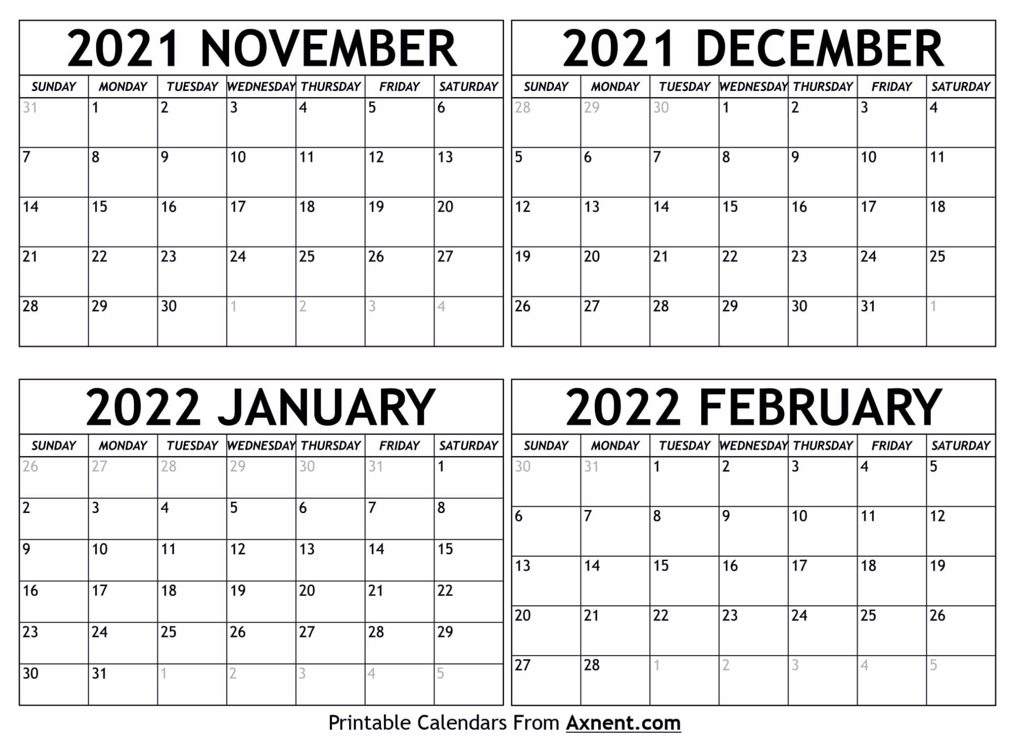 November 2021 To February 2022 Calendar Templates - Four