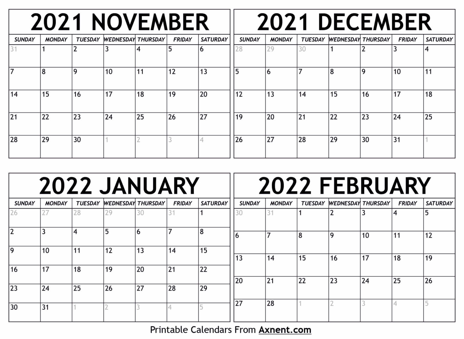 November 2021 To February 2022 Calendar Templates - Four Months