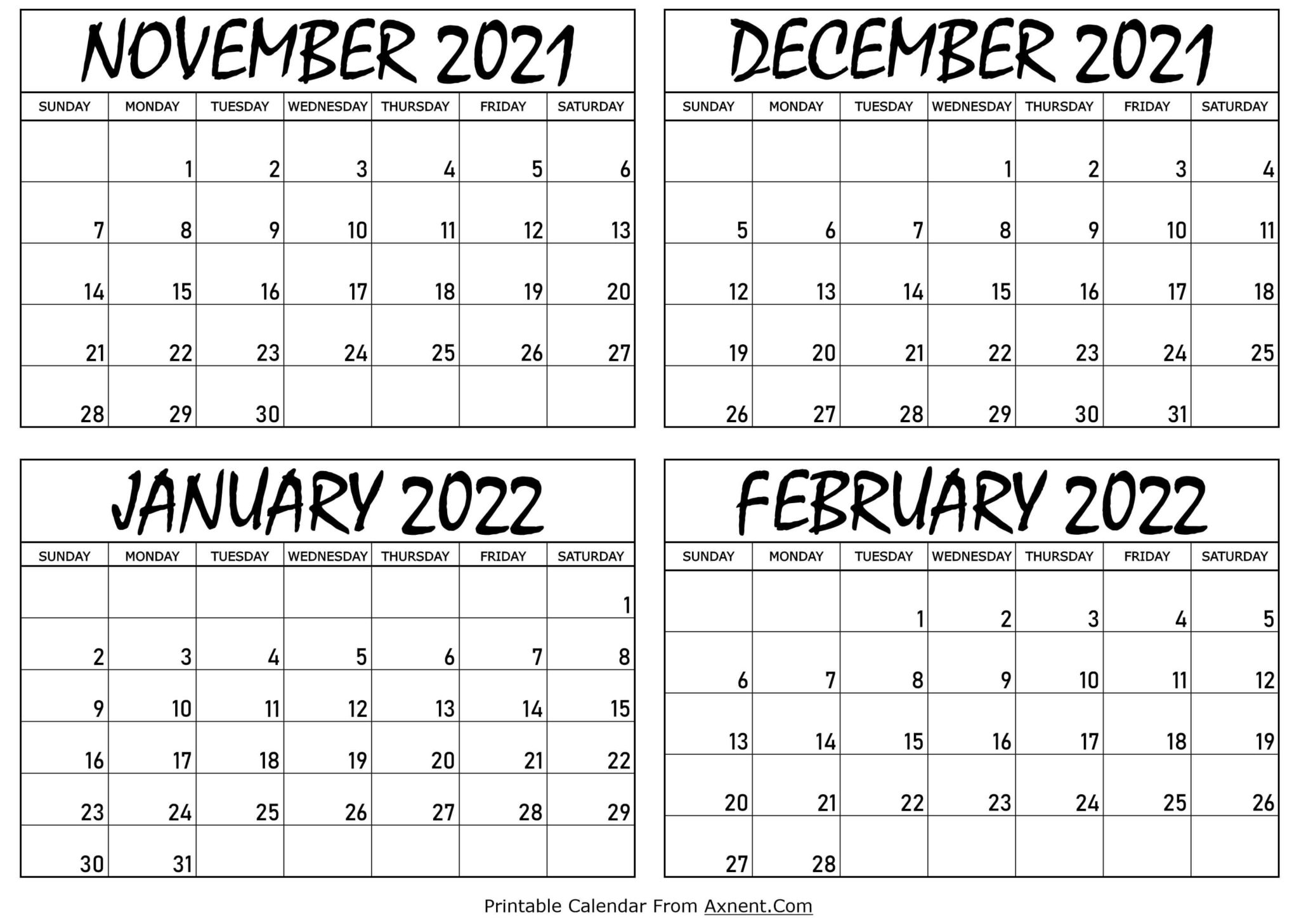 November 2021 To February 2022 Calendar Templates - Four