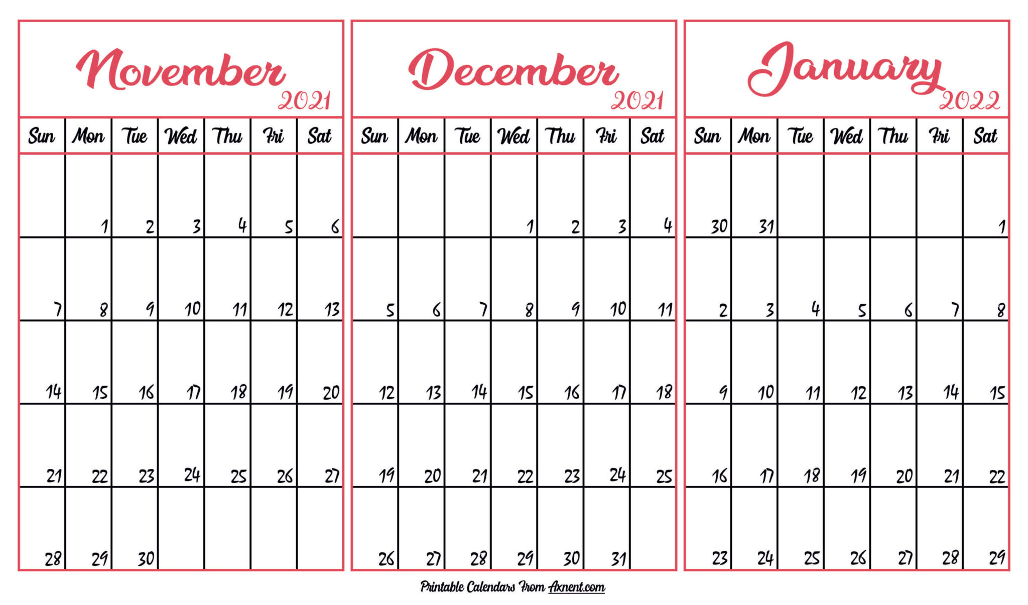 November 2021 To January 2022 Calendar Templates - Three