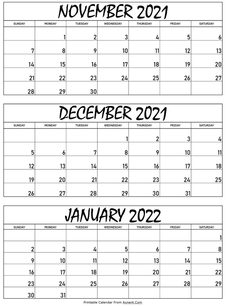 November 2021 To January 2022 Calendar Templates - Three