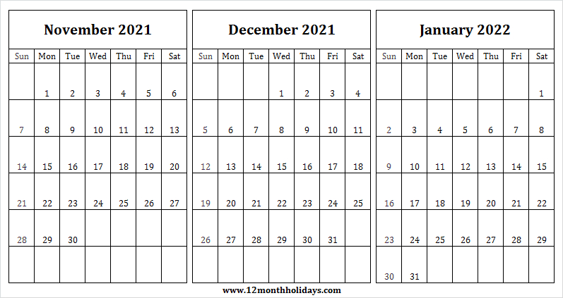 November 2021 To January 2022 Printable Calendar | Pinterest