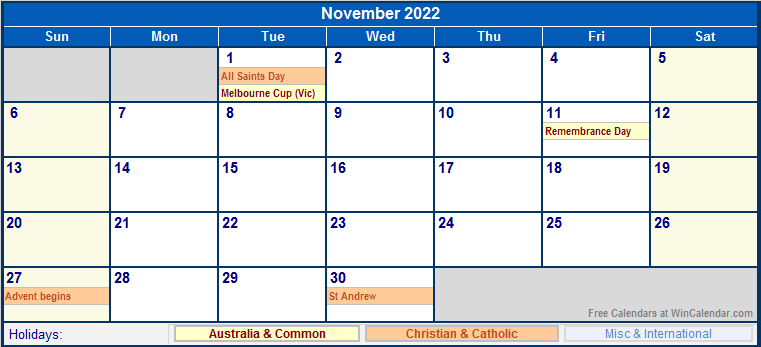 November 2022 Australia Calendar With Holidays For
