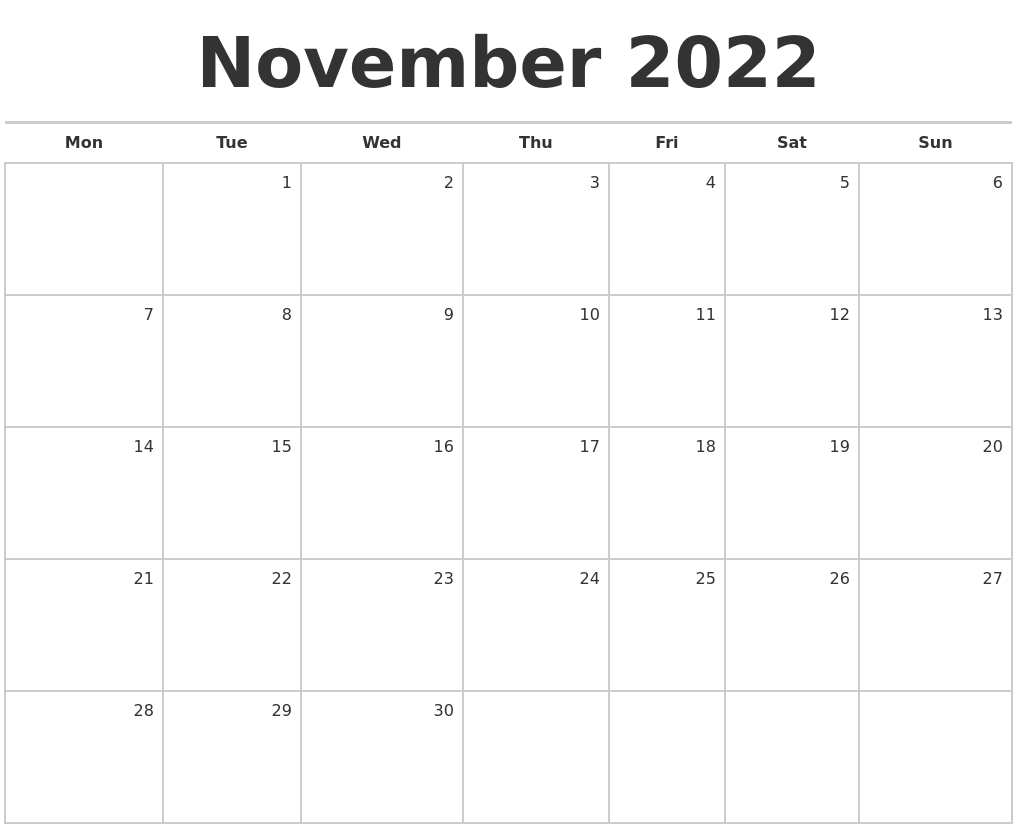 November 2022 Blank Monthly Calendar