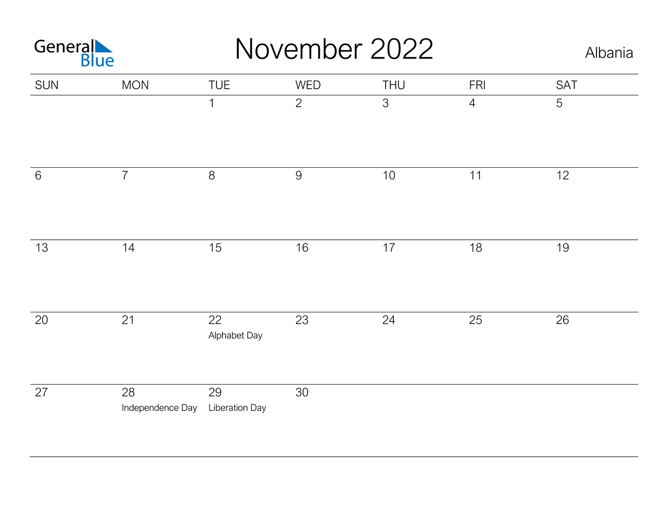 November 2022 Calendar - Albania